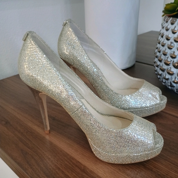 Michael Kors Shoes - Michael Kors Glittering Silver Peep-Toe Heels